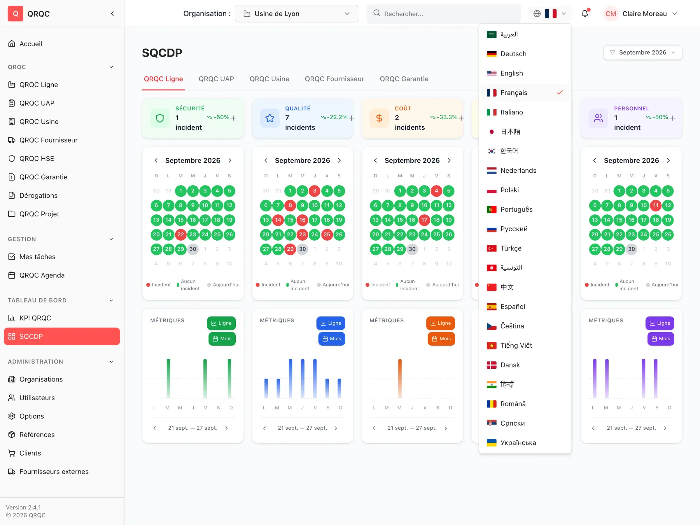 Menu des langues de l'application QRQC avec 22 langues