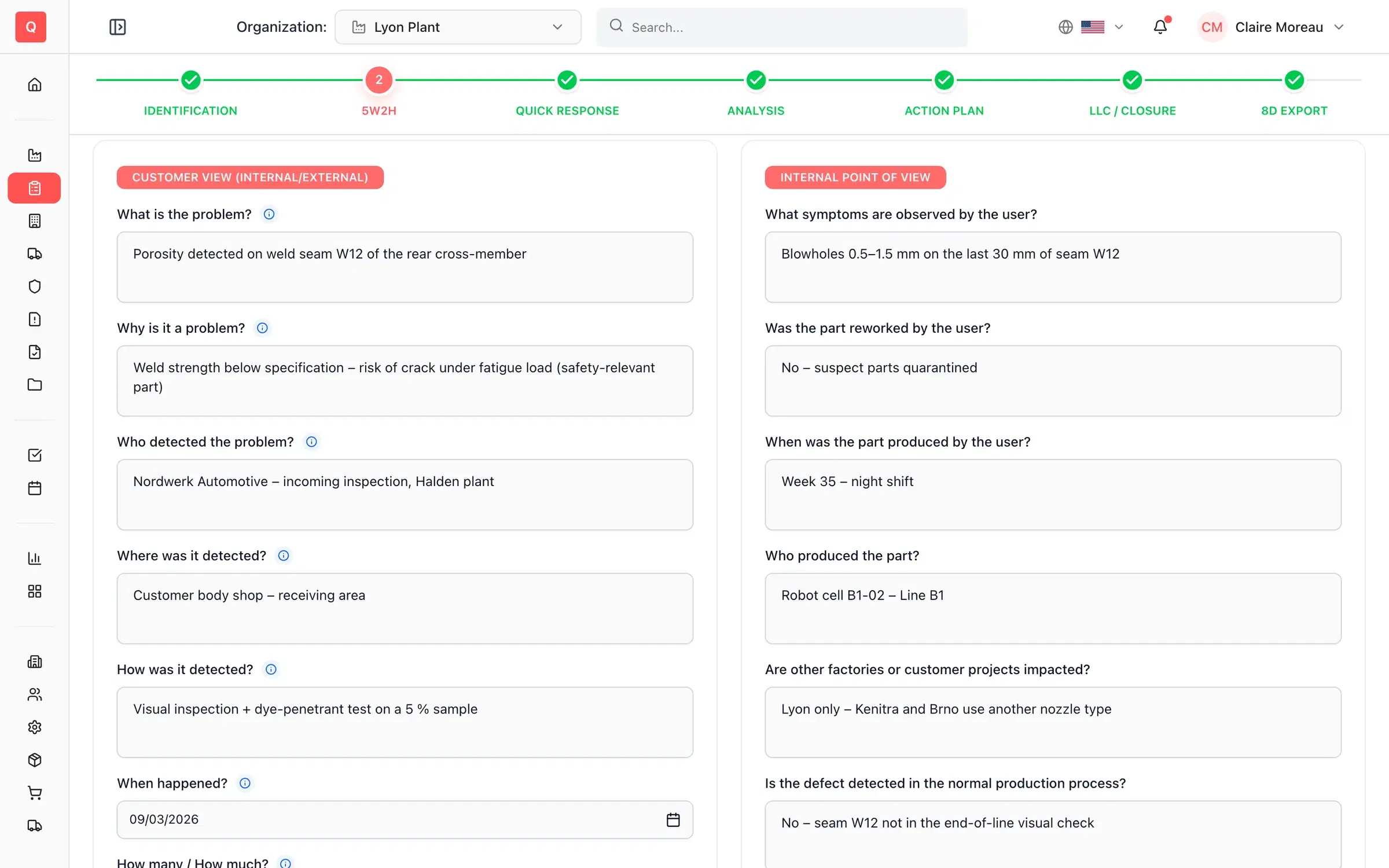 QRQC incident at the 5W2H step with the answers to what, where, when, who, how and how many
