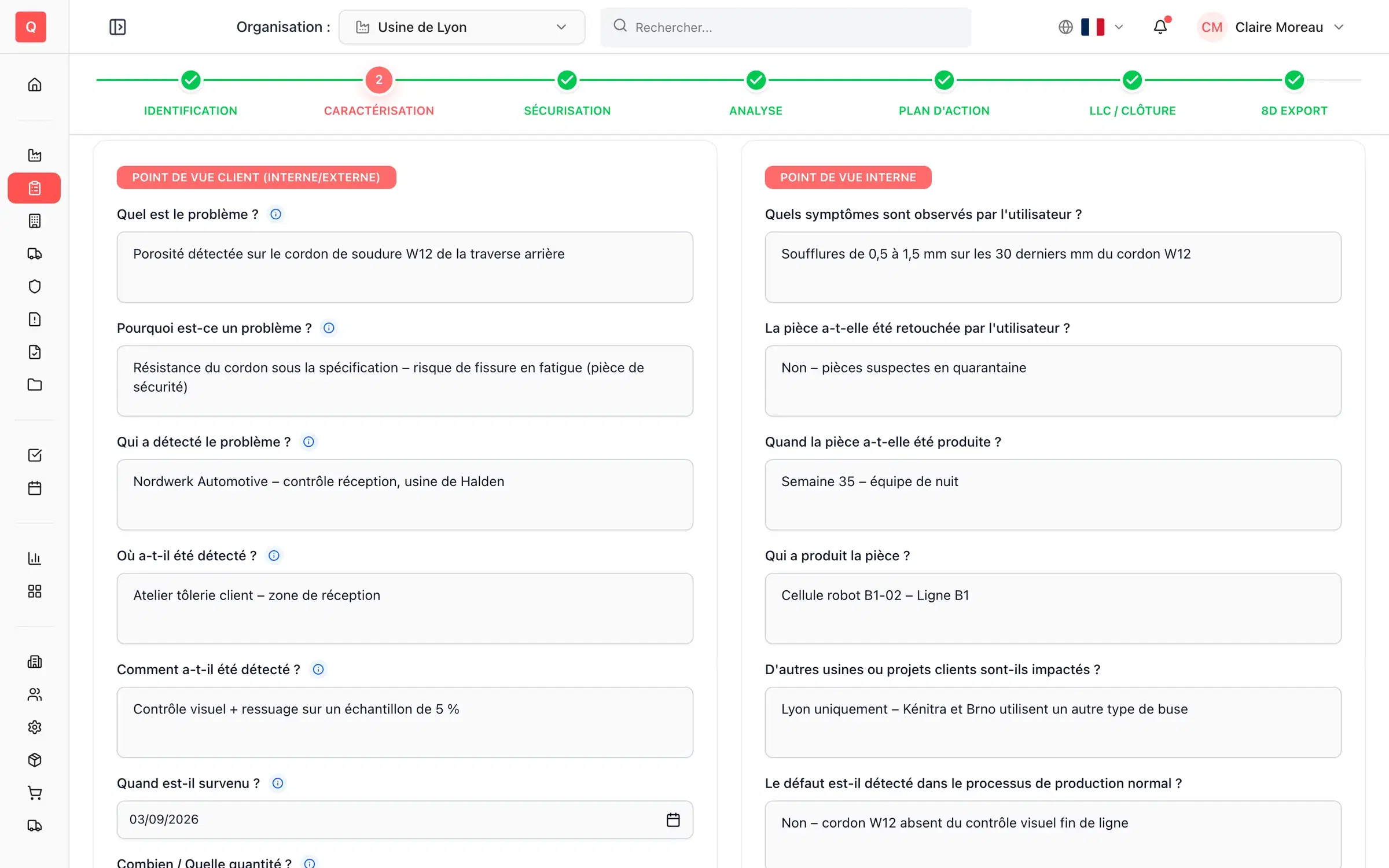 Incident QRQC à l'étape 5W2H avec les réponses à quoi, où, quand, qui, comment et combien