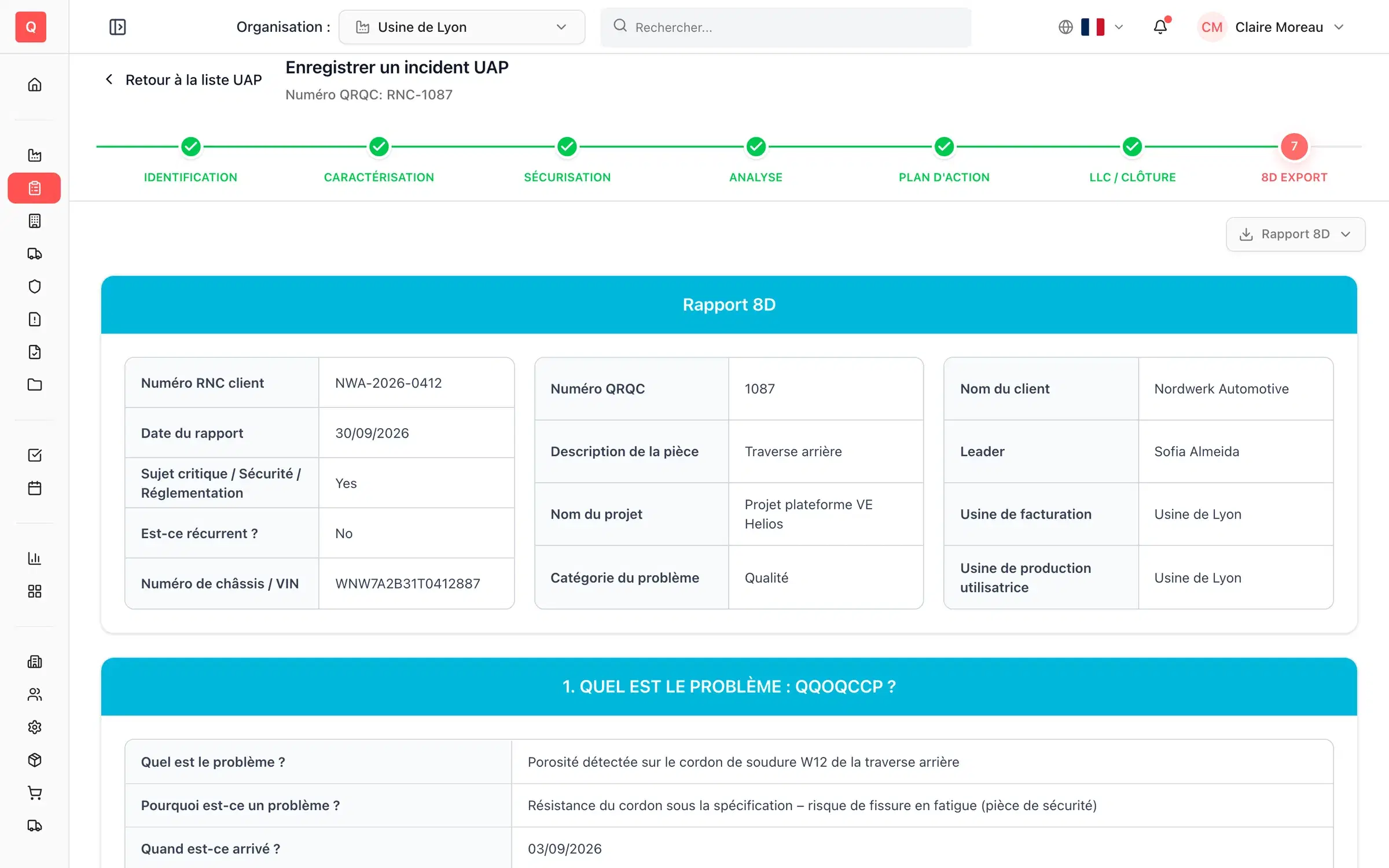 Étape export 8D QRQC résumant les huit disciplines de l'incident